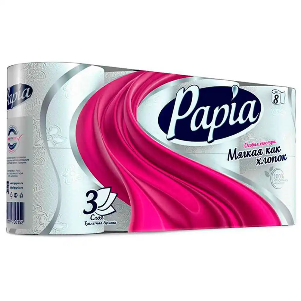 Бумага туалетная 8 рулонов PAPIA Белая 3 слоя м/уп