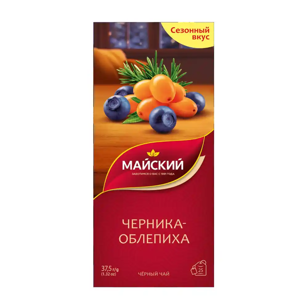 Чай (25 ф/п х 1,5 г) Майский Черника-облепиха черный ароматн. к/уп