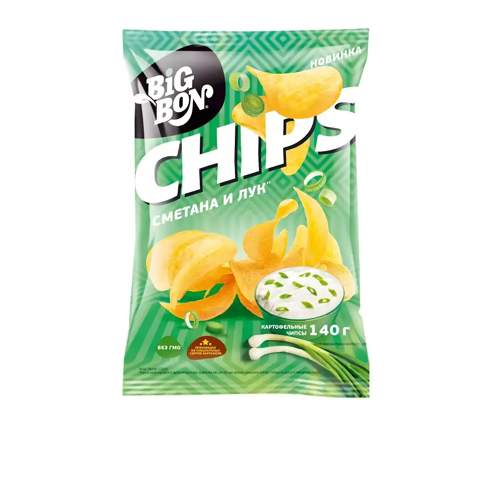 Чипсы 140г BIGBON из сырого картофеля со вкусом Сметаны и лука м/уп