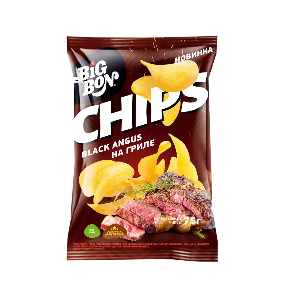 Чипсы 75г BIGBON из сырого картофеля со вкусом Black Angus на гриле м/уп