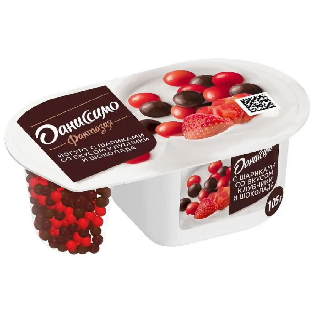 Йогурт 105г Даниссимо Фантазия с шариками со вкусом клубники и шоколада 6,9% пл/ст