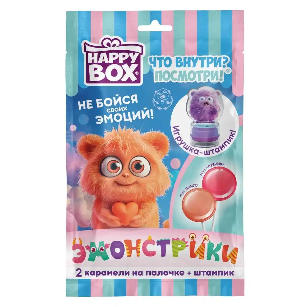 Карамель на палочке 20гр HAPPY BOX Эмонстрики вкус манго и клубника+фигурка м/уп