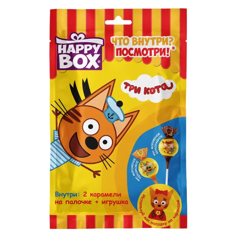 Карамель на палочке 20гр Три Кота Шоколадное и Персиковое мороженое+фигурка в подарок м/уп