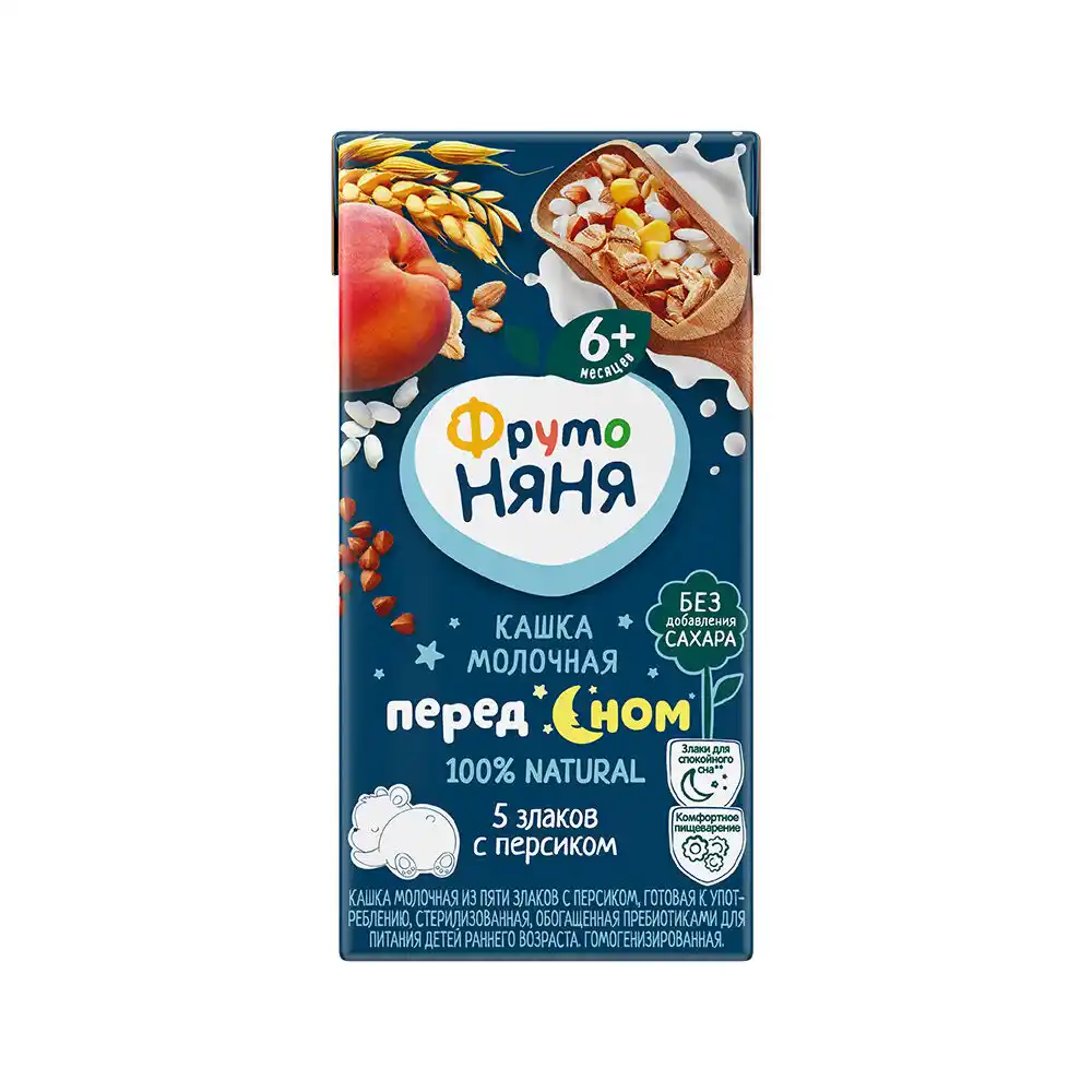 Каша 200 мл ФрутоНяня молочная из пяти злаков с персиком, с фруктозой для питания детей тетра-пак