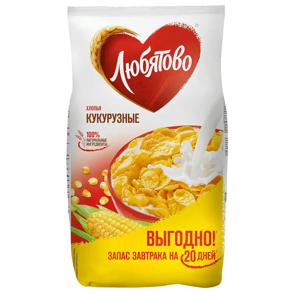 Хлопья 0,6 кг Любятово кукурузные для всей семьи м/уп