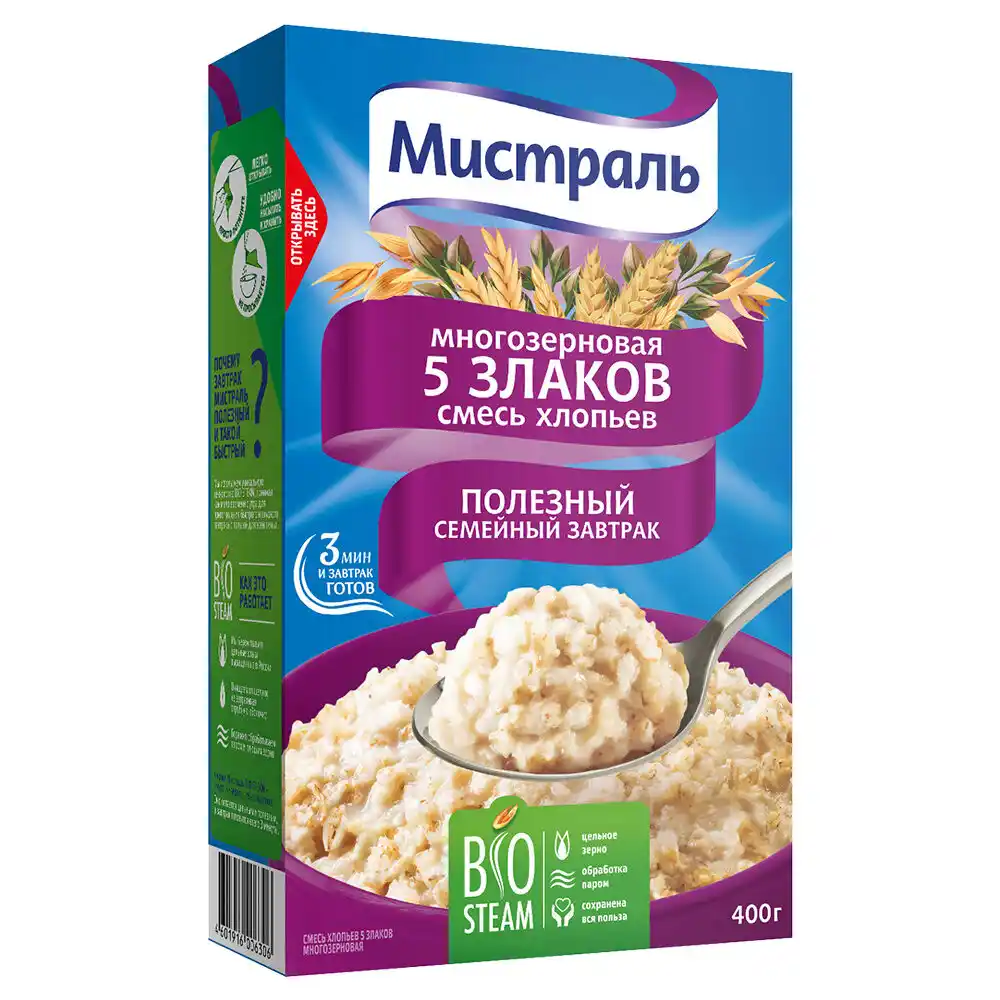Хлопья 400 г Мистраль 5 злаков многозерновые к/уп