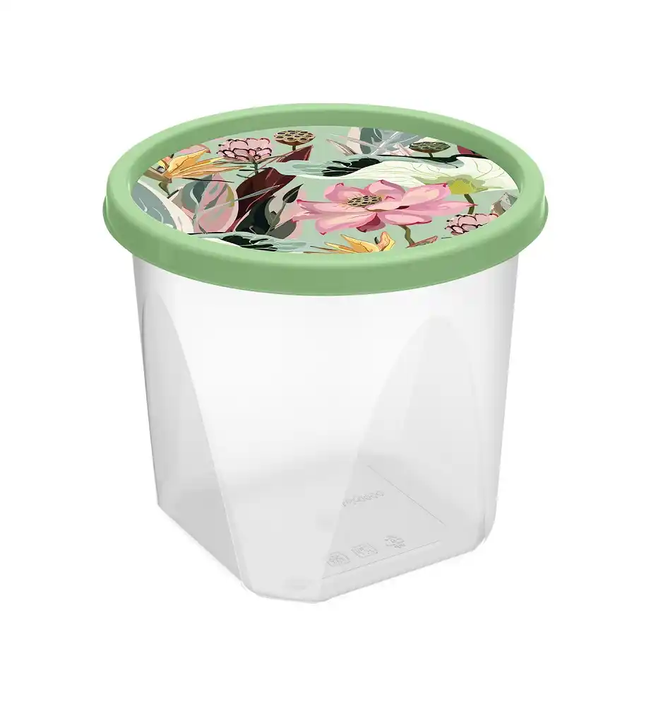 Контейнер д/продуктов 0,6л Homver круглый с декором зеленый б/уп