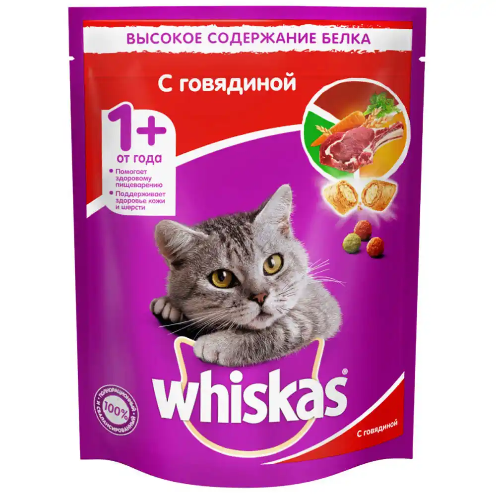 Корм 0,8 кг Whiskas сухой подушечки с паштетом говядина м/уп