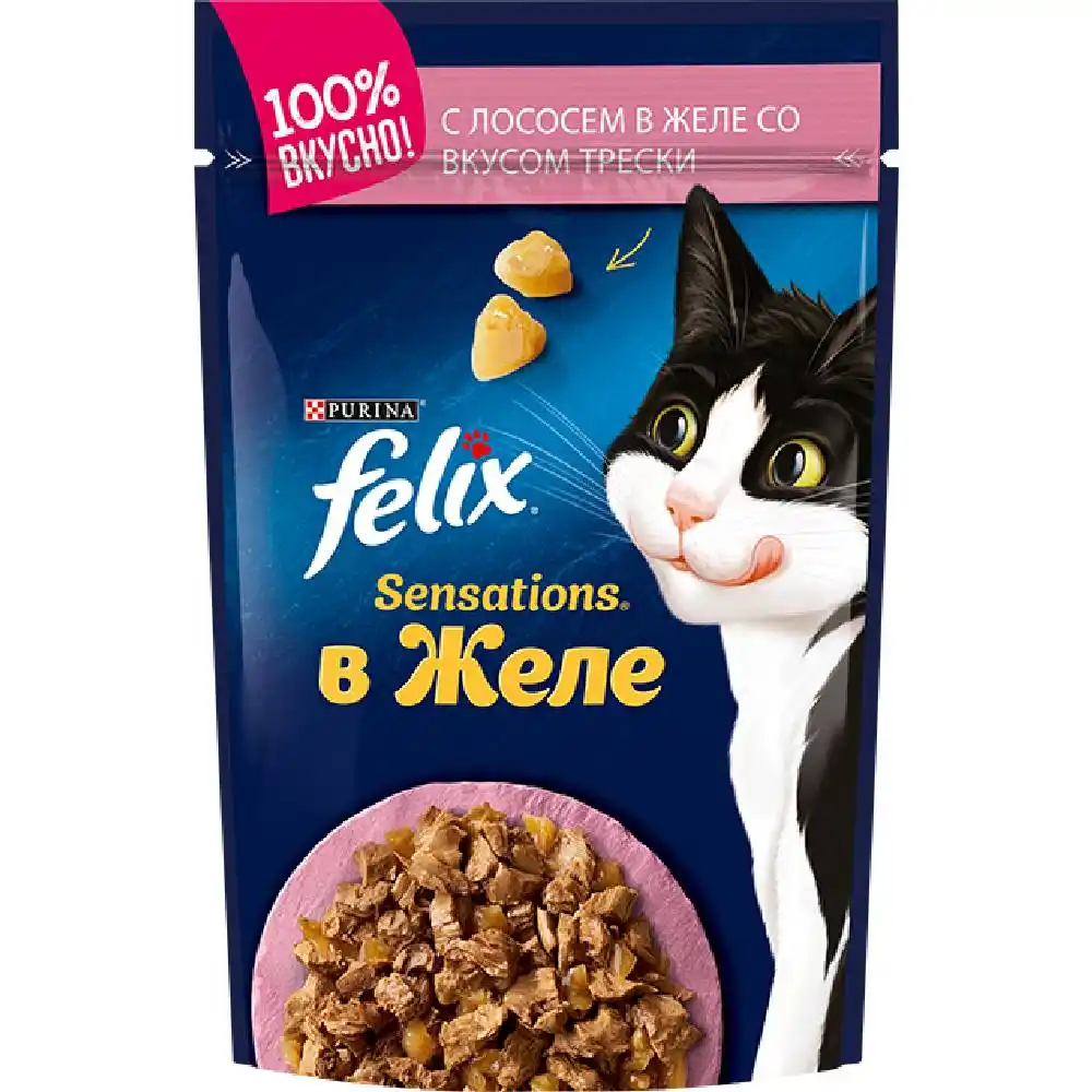 Корм 75 гр Felix лосось в желе со вкусом трески для кошек м/уп