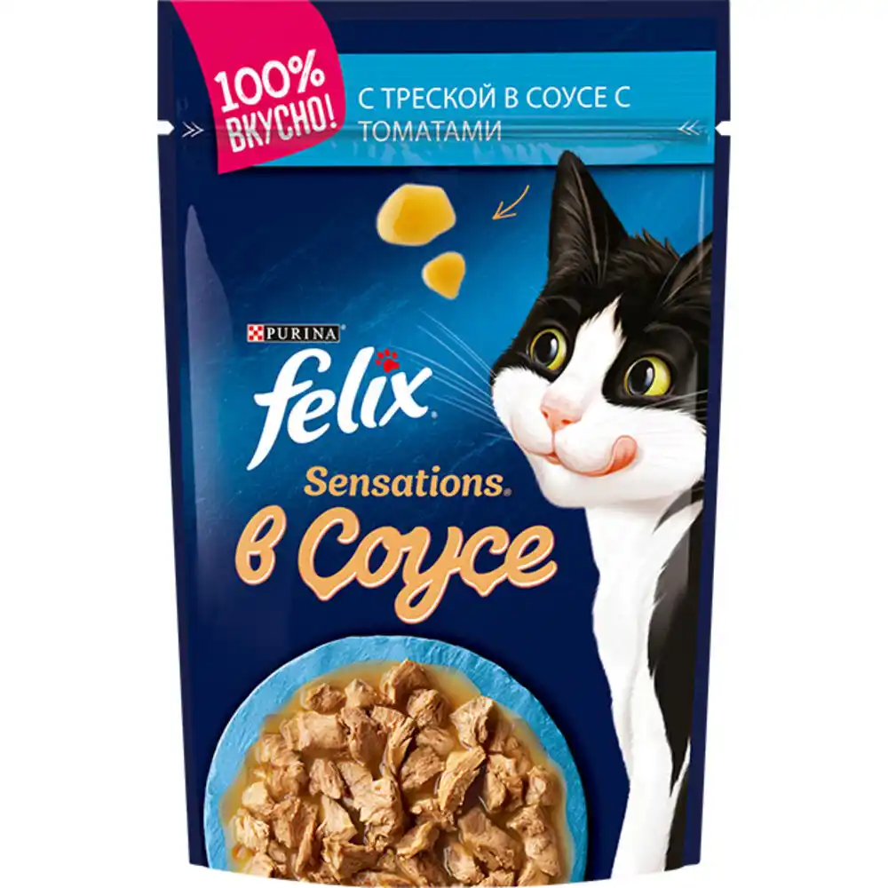 Корм 75 гр Felix треска в соусе с томатами для кошек м/уп