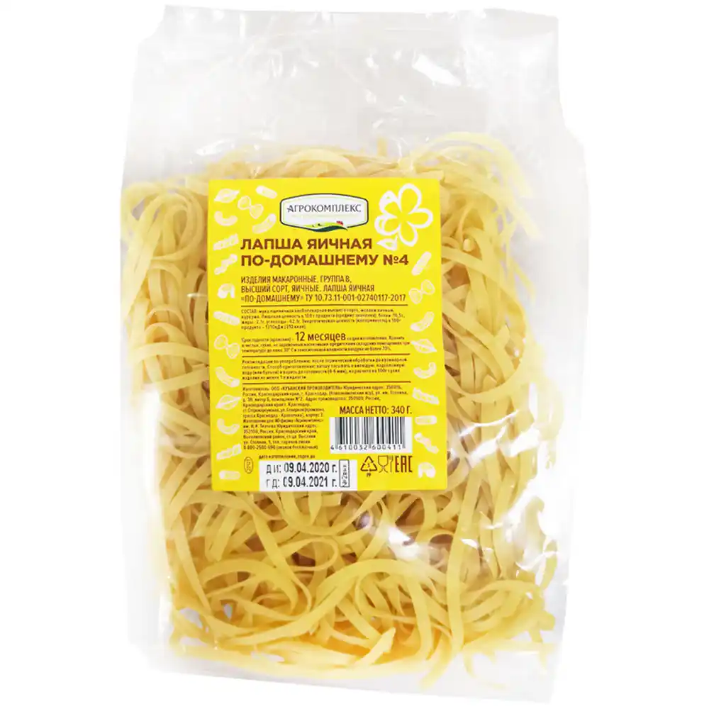 Лапша 340 г Агрокомплекс яичная ПО-ДОМАШНЕМУ №4 м/уп