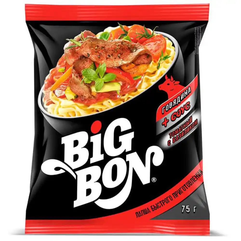 Лапша 75г БигБон говядина + соус Томатный с базиликом м/уп