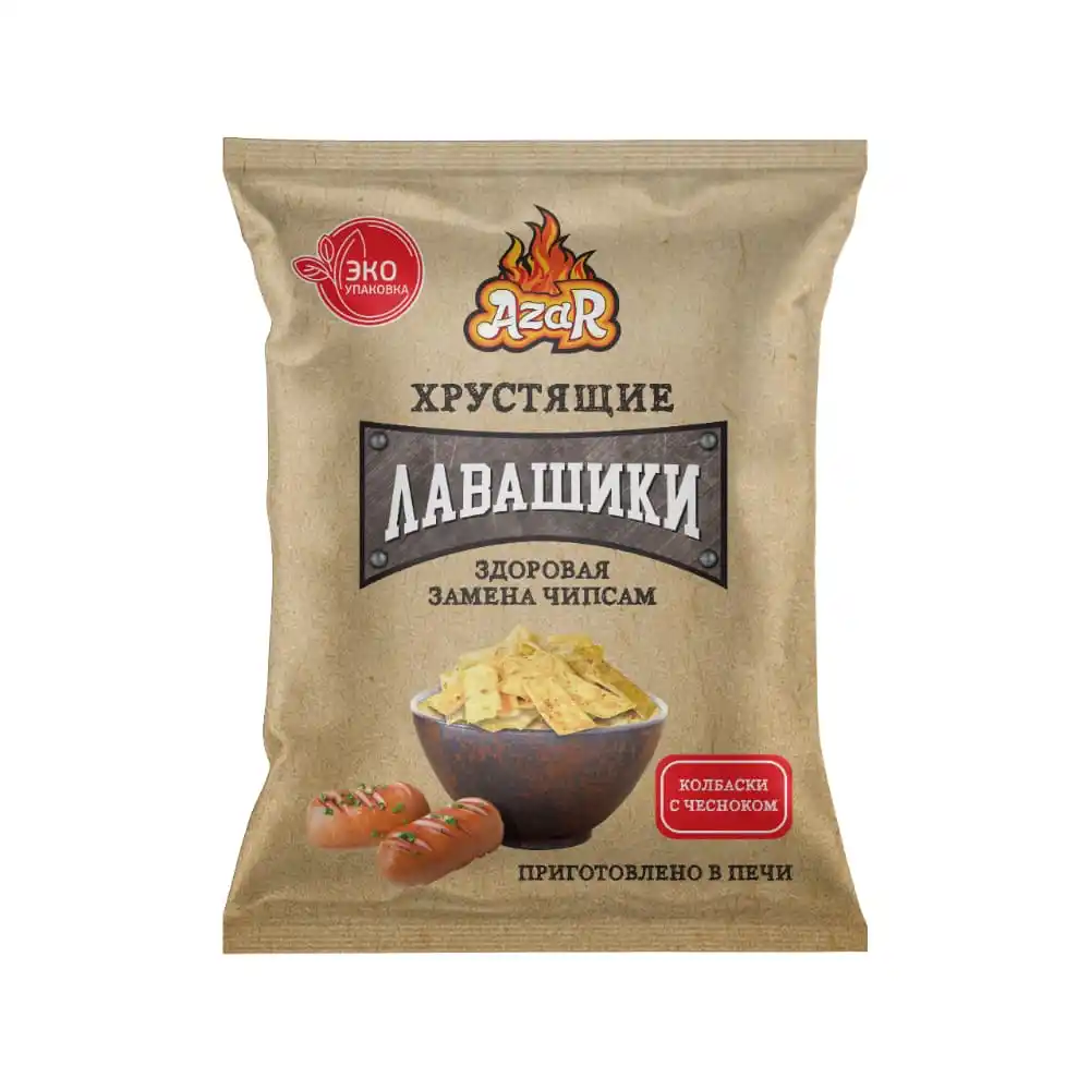 Лавашики 100г Azar хрустящие со вкусом колбаски с чесноком м/уп