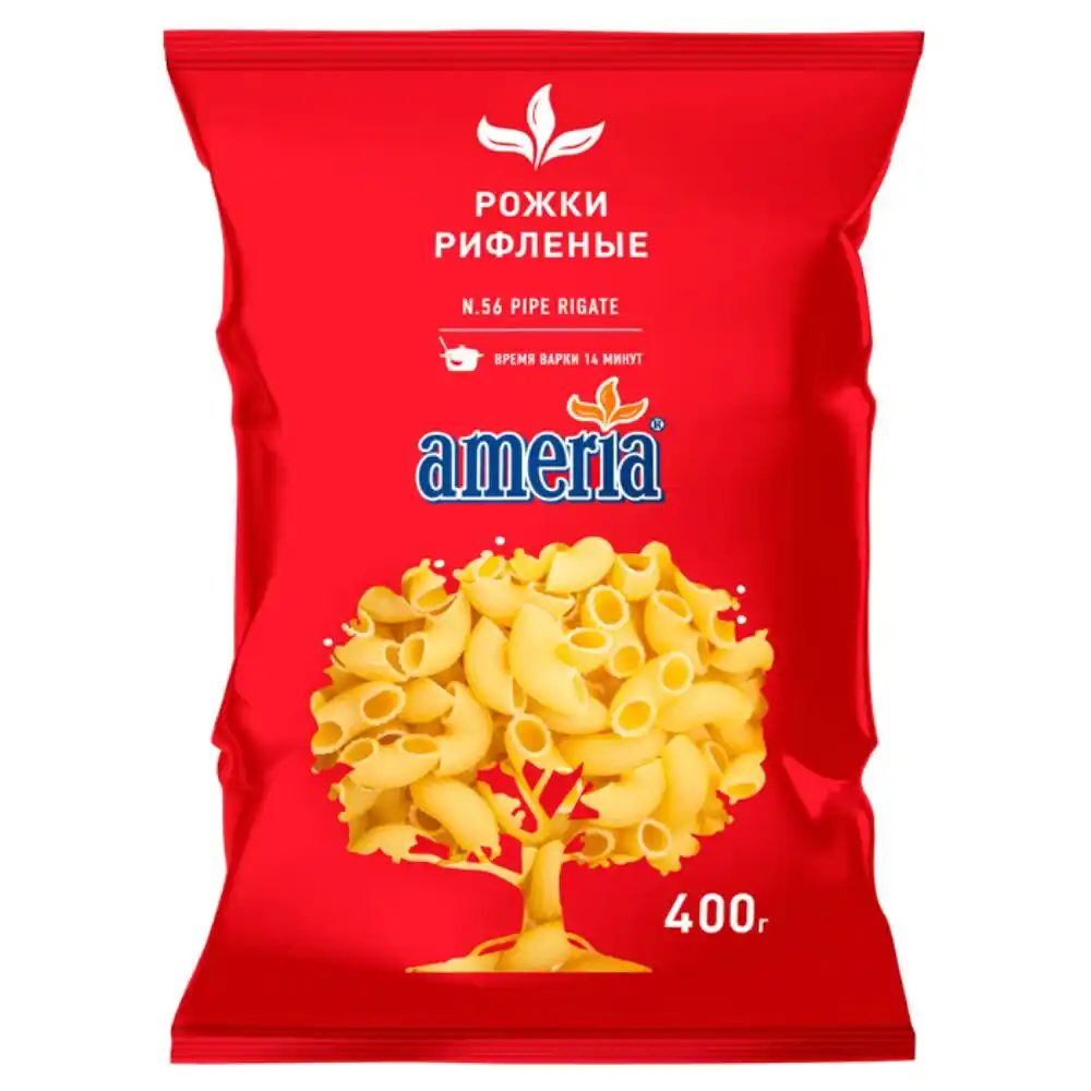 Макаронные изделия 400 гр Ameria Рожки рифленые большие №056 м/уп
