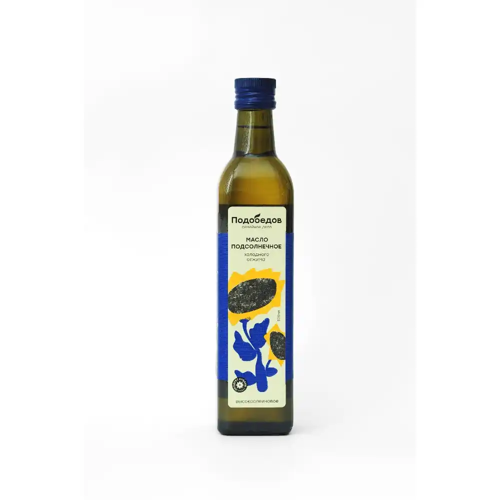 Масло подсолнечное 0,5л Подобедов Высокоолеиновое холодного отжима ст/б