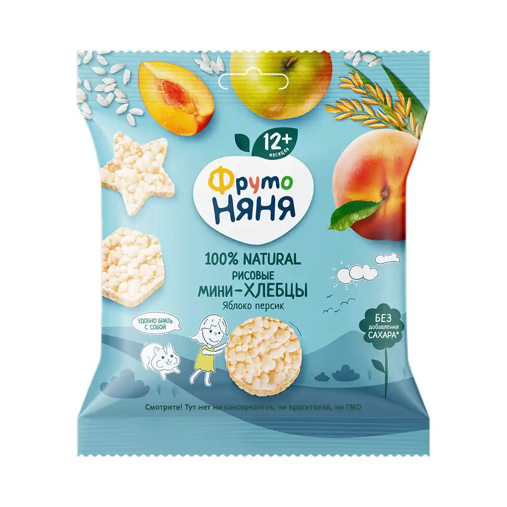 Мини-хлебцы 30г ФрутоНяня рисовые с яблоком персиком пребиотиком м/у