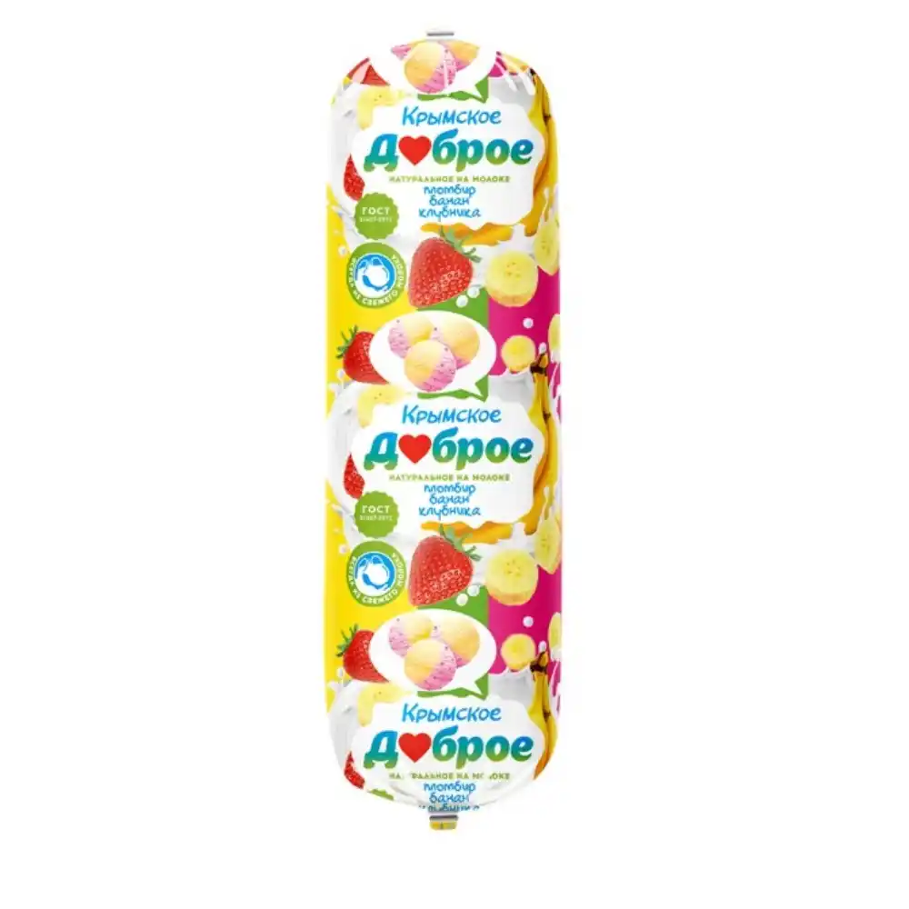 Мороженое 0,8кг Доброе двухслойное пломбир с кусочками клубники и пломбир с пюре банана п/амид