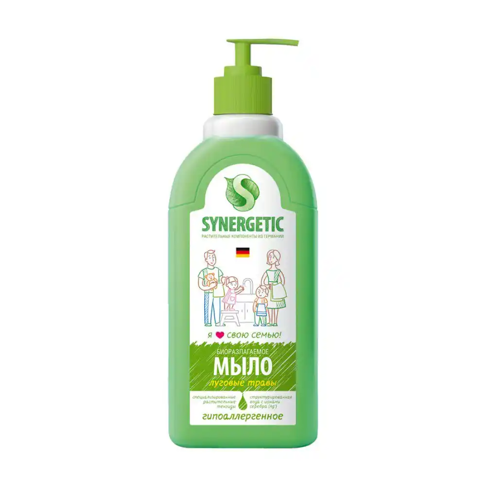 Мыло жидкое 0,5 л SYNERGETIC биоразлагаемое для рук и тела Луговые травы