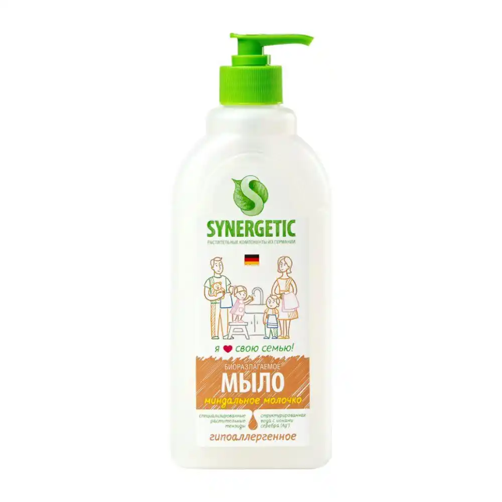 Мыло жидкое 0,5 л SYNERGETIC для рук и тела биоразлагаемое Миндальное молочко