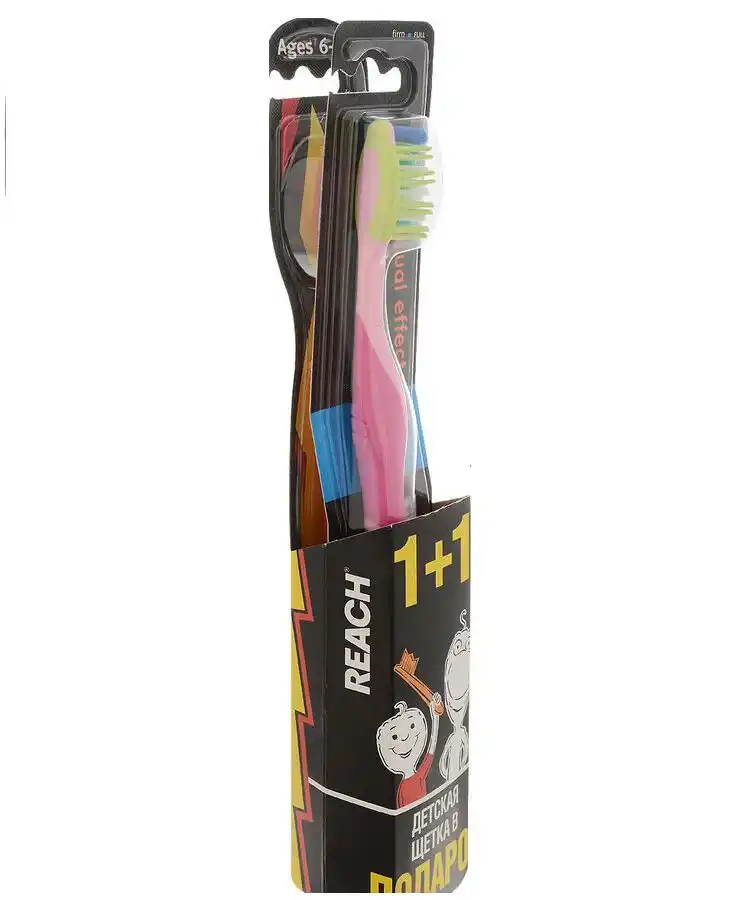 Н-р REACH DualEffect Зубная щетка жесткая+WonderGrip Зубная щетка детская 6-12 лет блистер