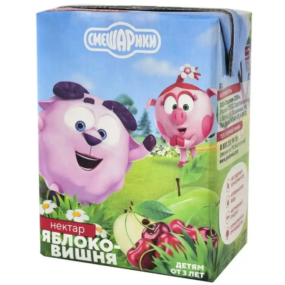 Нектар 0,2л СМЕШАРИКИ Яблоко-Вишня к/уп
