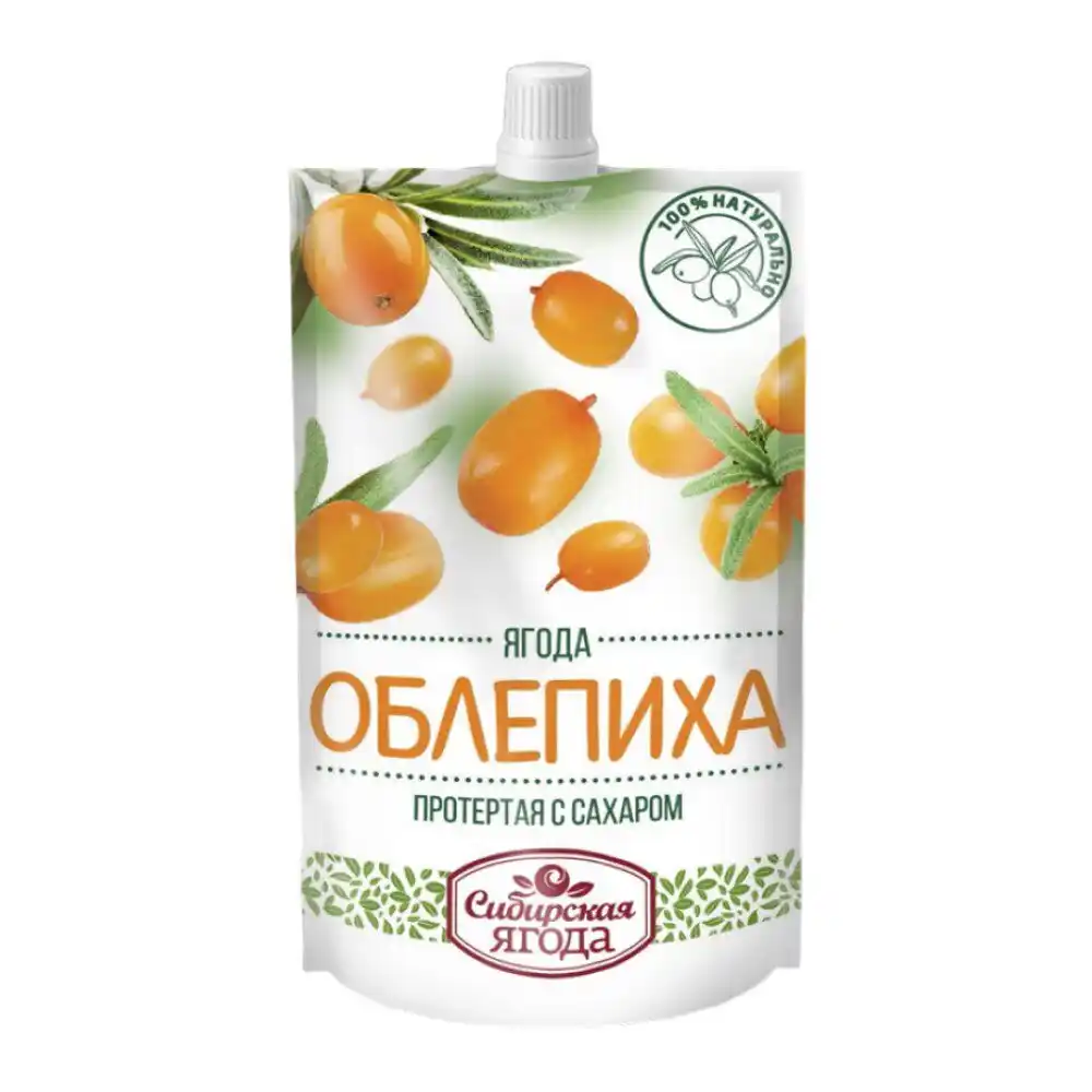 Облепиха 280 гр Сибирская Ягода протертая с сахаром д/пак