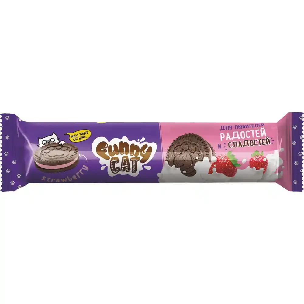 Печенье-сэндвич сахарное 158 гр Funny Сat с какао и начинкой со вкусом клубники м/уп