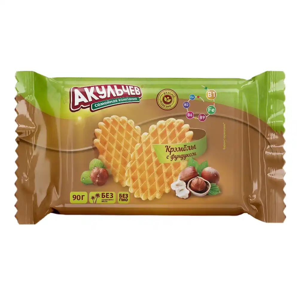 Печенье вафельное 90гр Акульчев Крэмблы с фундуком м/уп
