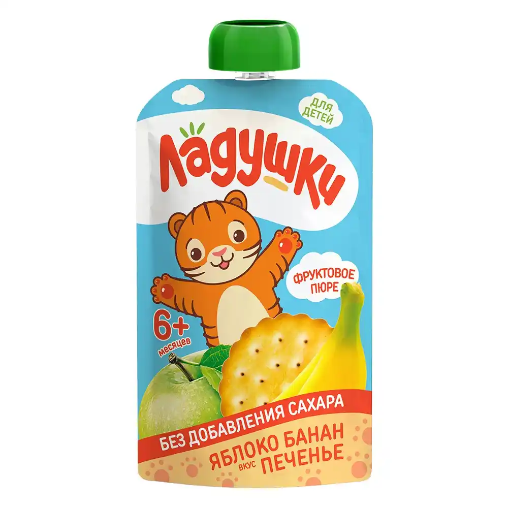 Пюре 85гр Ладушки Яблоко, банан и печенье без сахара 6+ месяцев Дой-пак