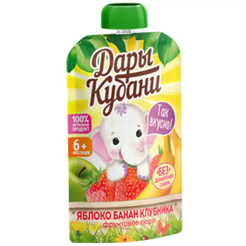 Пюре 90 г Дары Кубани для детей фруктовое из яблок, бананов и клубники дой-пак
