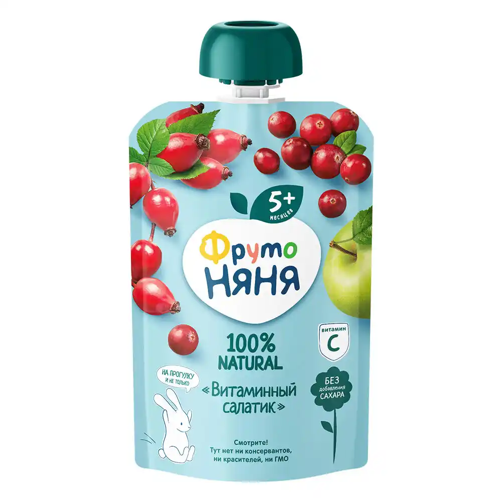 Пюре 90 г ФрутоНяня из яблок шиповника и клюквы с сахаром с витамином С витаминный салатик бум/уп