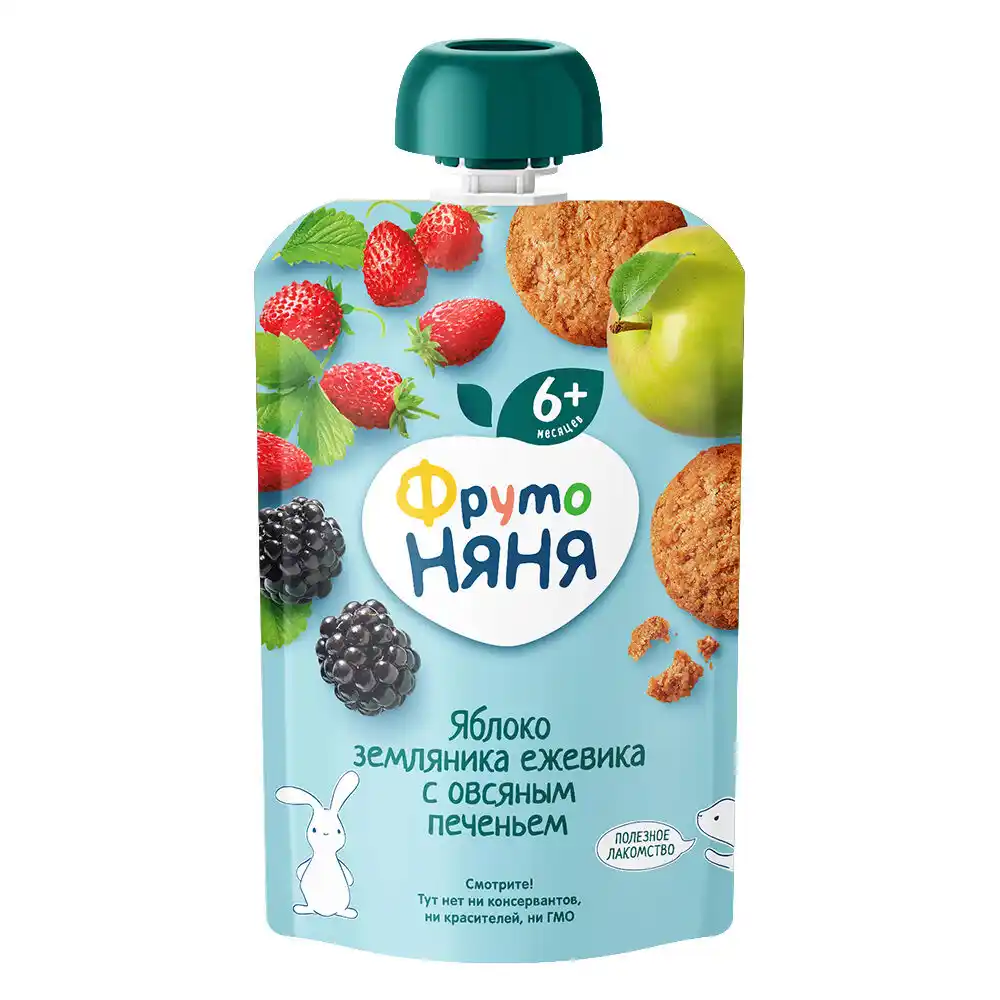 Пюре 90 гр ФрутоНяня из яблок,земляники и ежевики с овсяным печеньем дой-пак