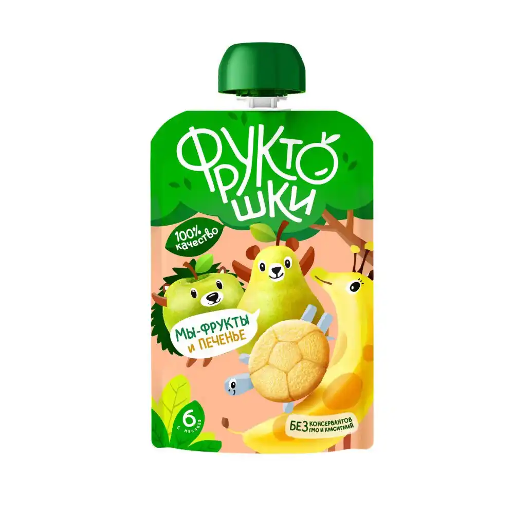 Пюре 90гр Фруктошки Яблоко груша, банан с печеньем с 6 мес м/уп