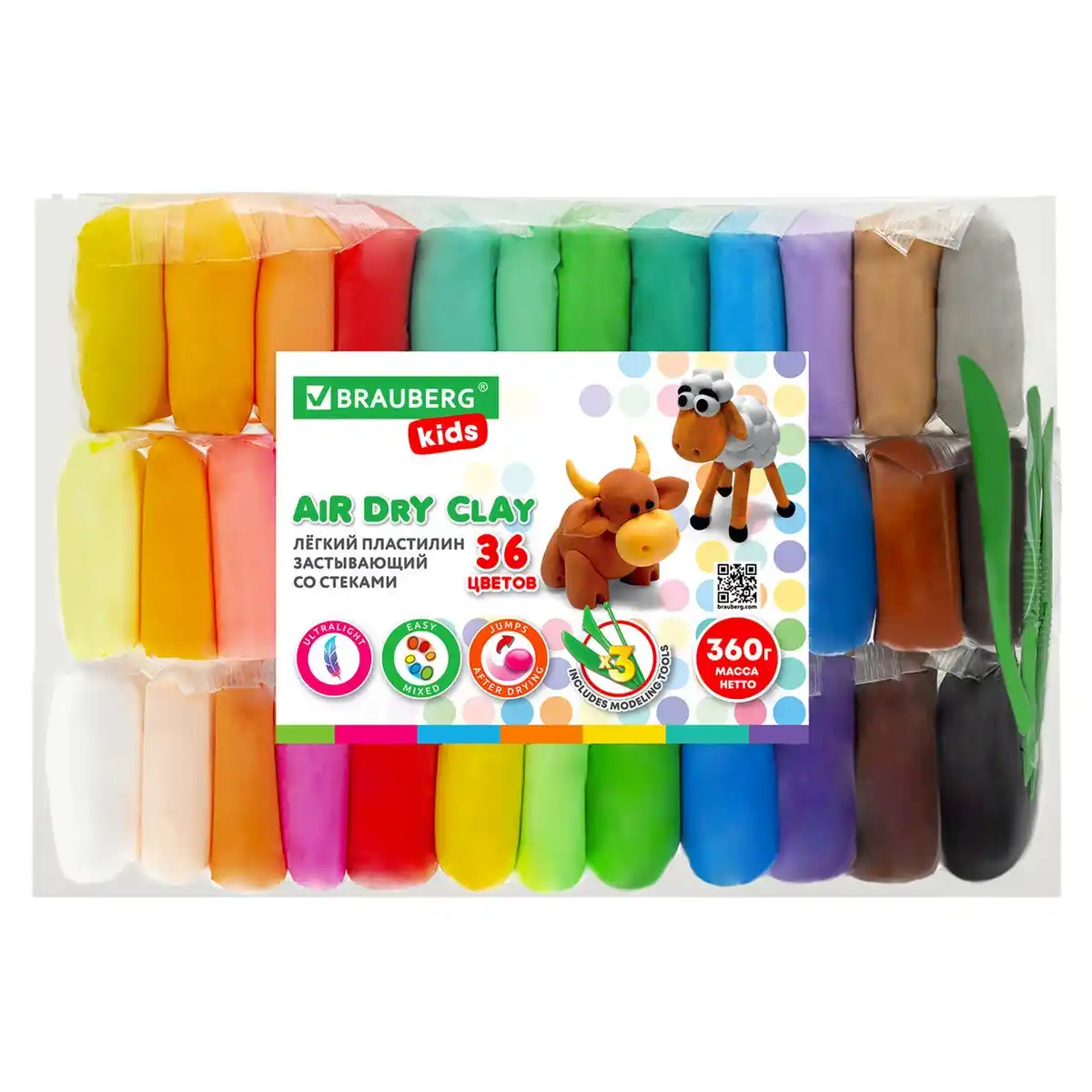 Пластилин 360гр 36цв 3стека BRAUBERG KIDS супер лёгкий воздушный застывающий 106308 к/уп