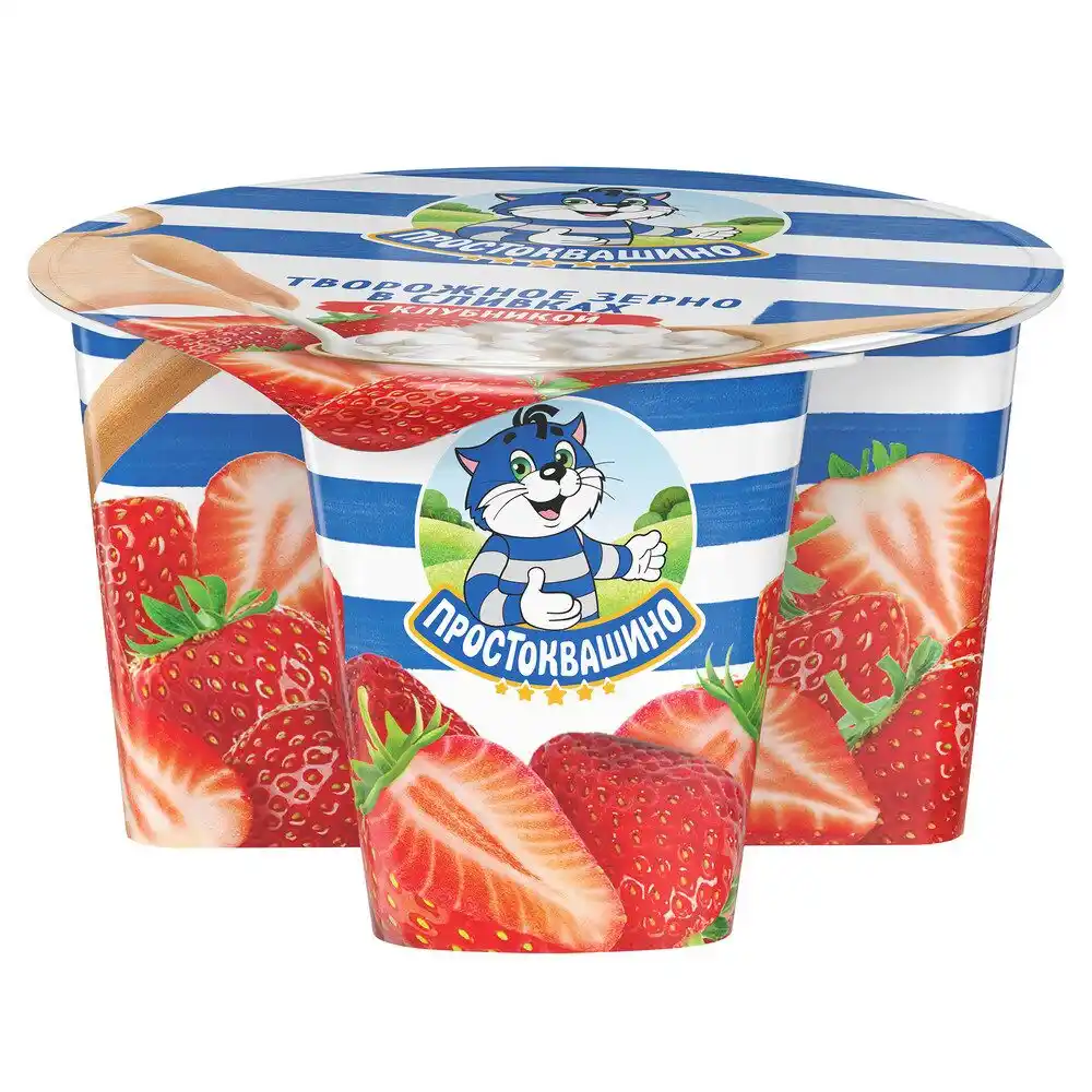 Продукт творожный 140 гр Простоквашино Клубника зерненый 5% п/стакан