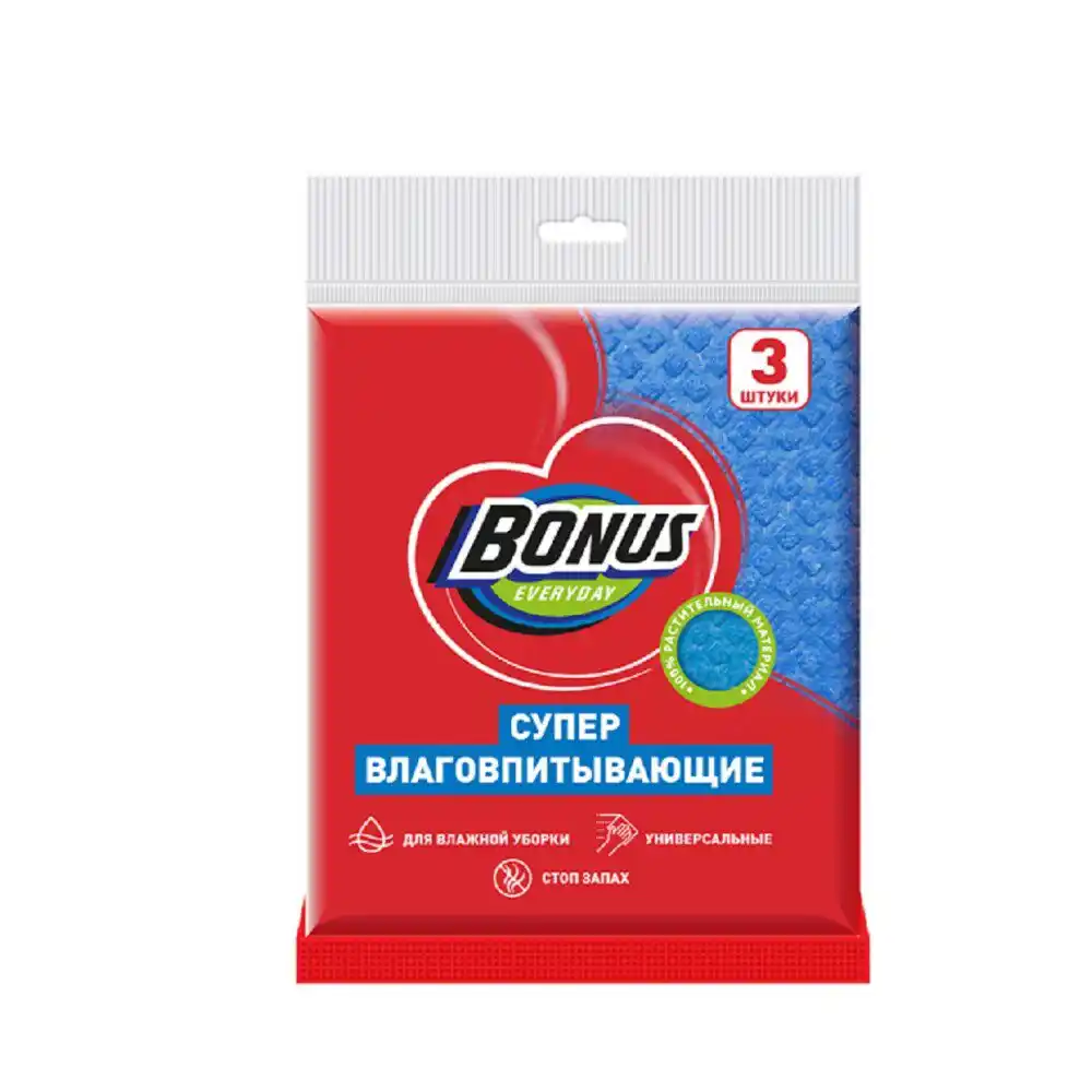 Салфетки целлюлозные 3 шт Bonus Супервлаговпитывающие м/уп