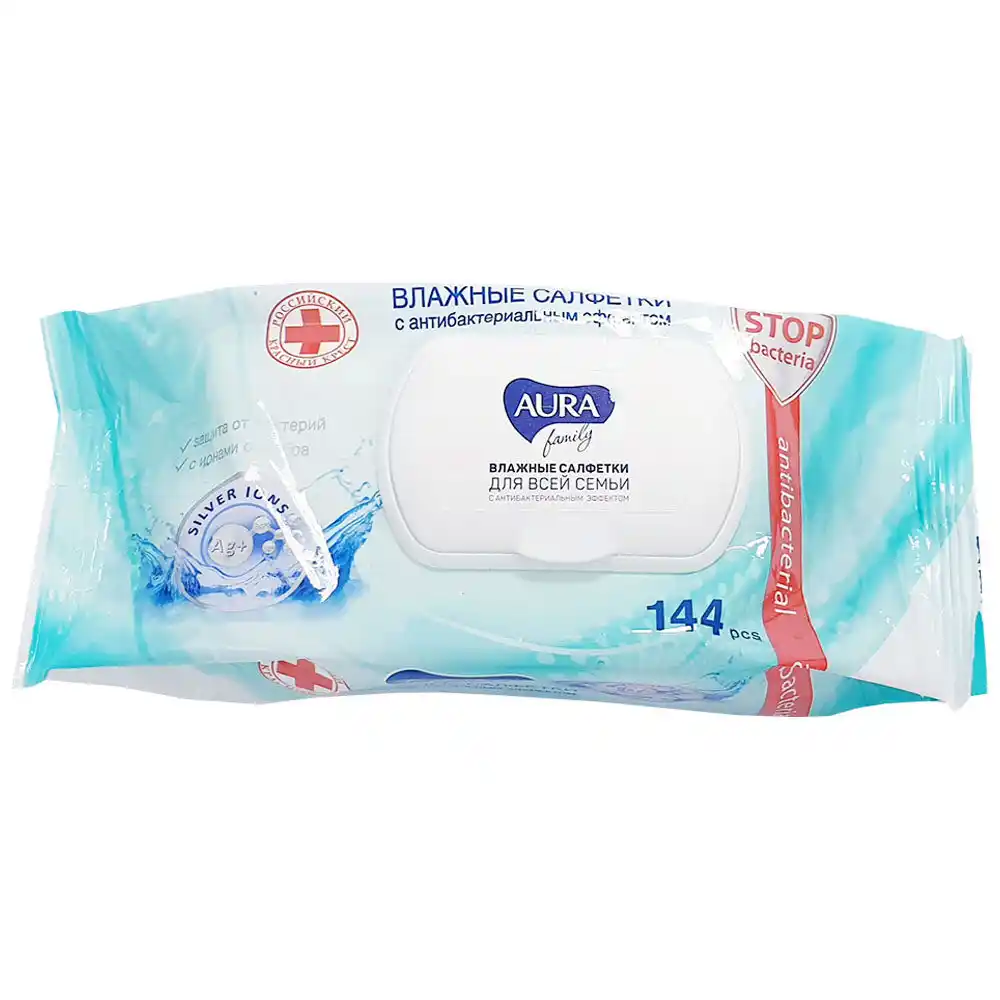 Салфетки влажные 144 шт AURA FAMILY с антибактериальным эффектом big-pack с крышкой м/уп