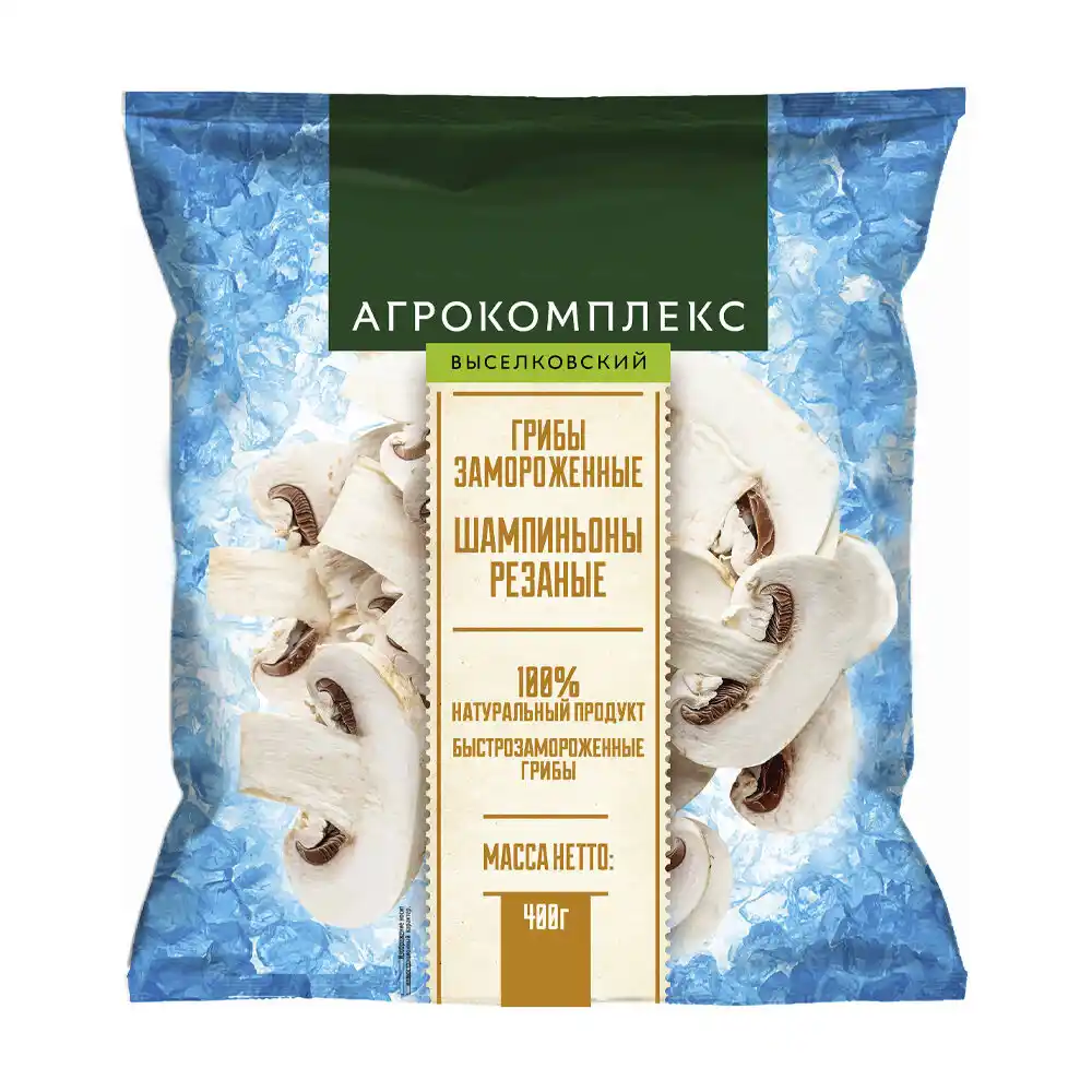 Шампиньоны резаные 400 гр Агрокомплекс м/уп