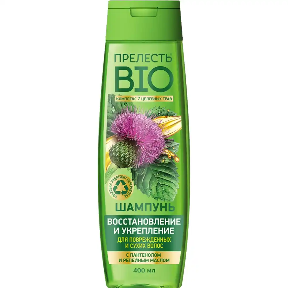 Шампунь 400мл Прелесть BIO Восстановление и Укрепление с пантенолом и репейным маслом пл/б