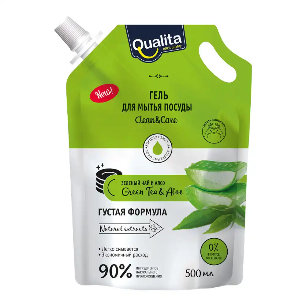 Средство для мытья посуды 0,5 л QUALITA GREEN TEA&ALOE дой-пак