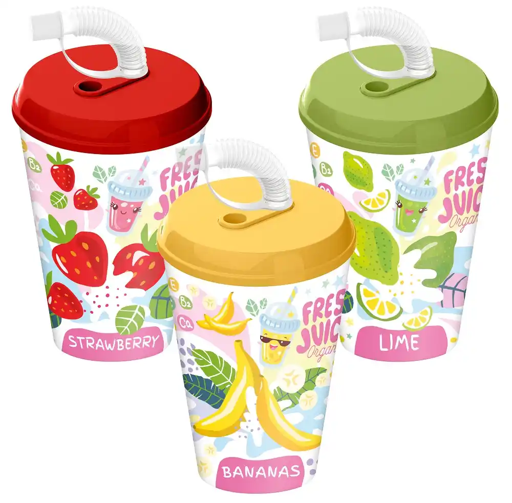Стакан 420мл Homver с крышкой с декором Fresh Juice с трубочкой c колпачком в асс-ме б/уп