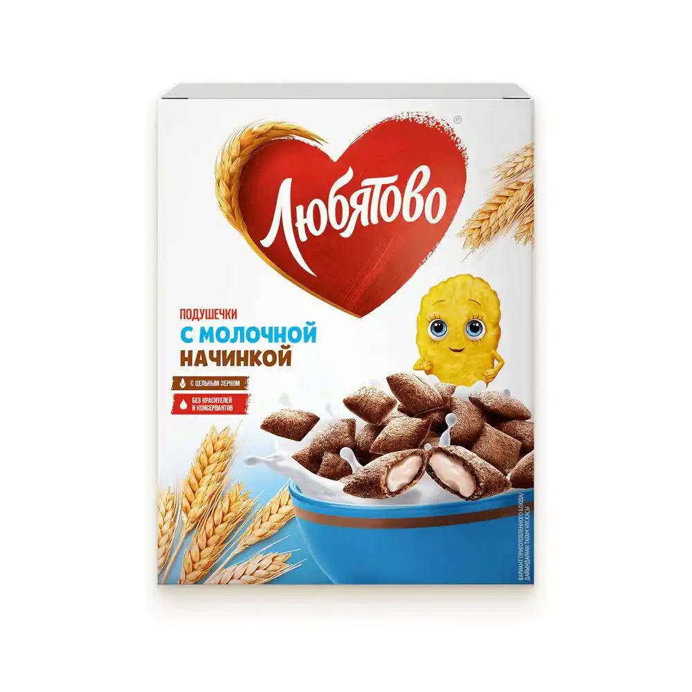 Сухие завтраки 220 гр Любятово Подушечки с молочной начинкой к/уп
