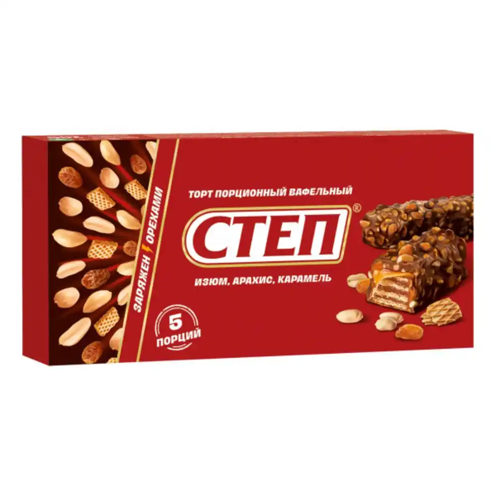 Торт 200гр СТЕП Вафельный порционный с изюмом, арахисом и карамелью м/уп