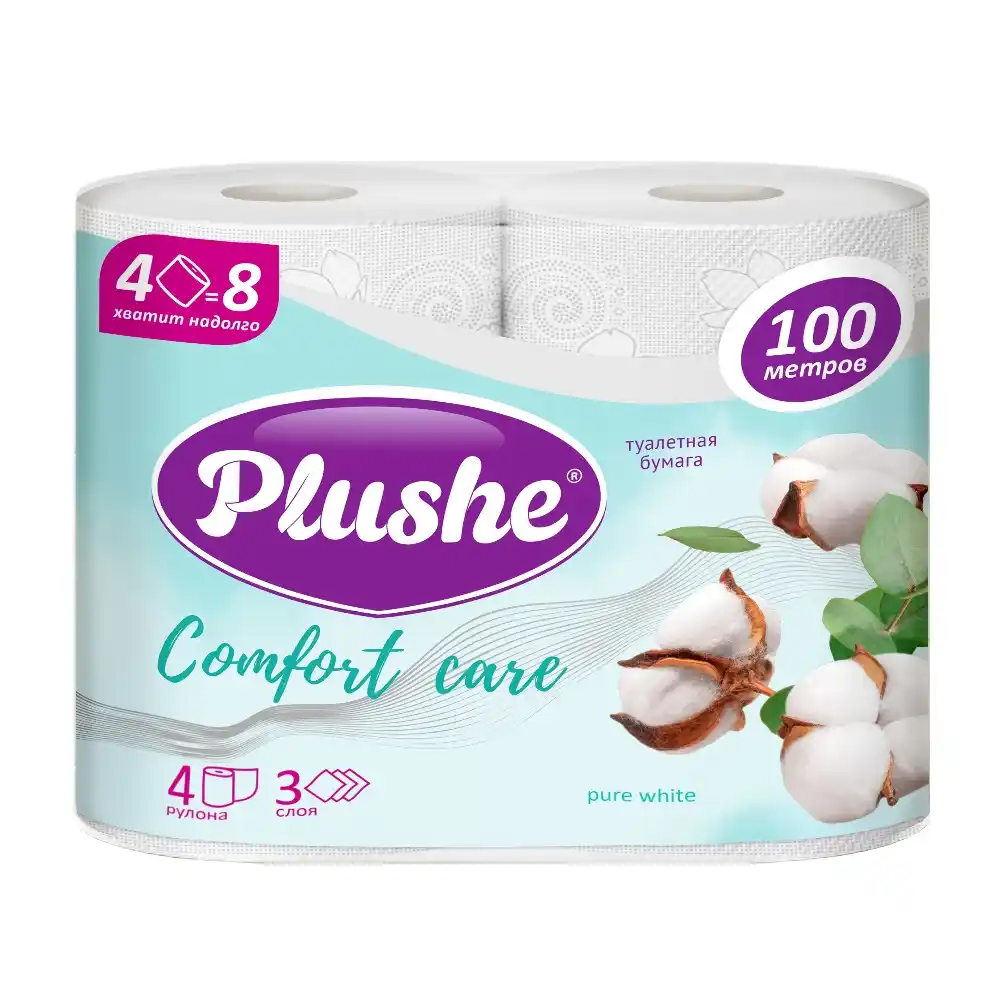 Туалетная бумага 4 рулона Plushe 100м Comfort Care 3 слоя м/уп